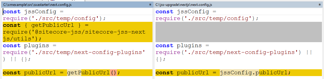 Code comparison of Next.js configuration files showing differences in import statements.