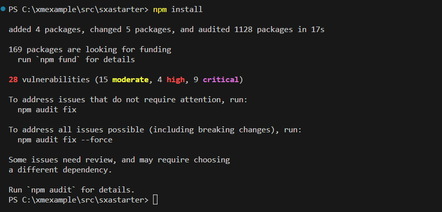 Terminal output showing npm install process and a list of package vulnerabilities.