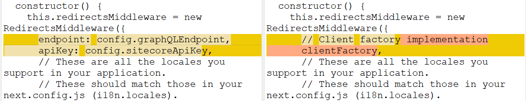 Code snippet showing the redirects middleware constructor in Sitecore JSS with updated parameters.