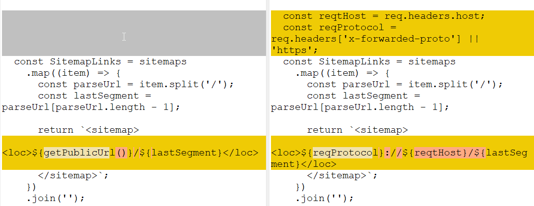 Code snippet showing modifications in the sitemap generation logic for a web application.